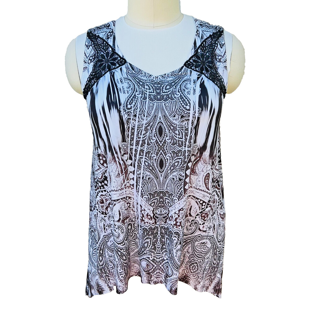 World Unity Women's XL Fits like XXL V-Neck Paisley Sublimation Black White